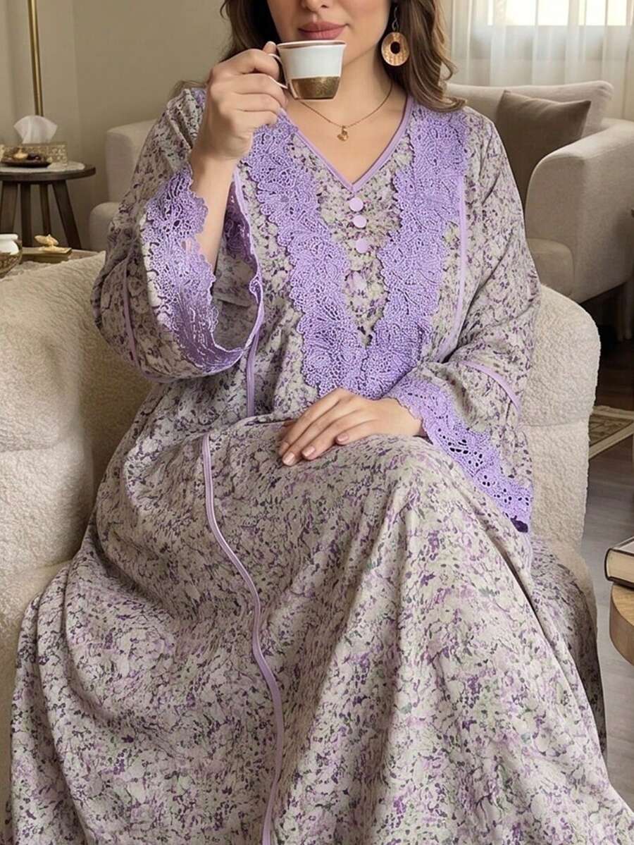 Al Najma 大码女式花卉面料蕾丝边阿拉伯风格连衣裙，春季 - 彩色 - 查看 1