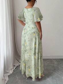 Modelyn Plus Size Women's Chiffon Butterfly Print Batwing Sleeve Ruched Summer Sweet French Style Dress - Mist Green - View 2