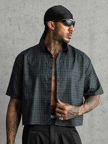 AXEPEAK Men's Summer Casual Plaid Slogan Print Shirt - Black - View 3