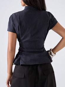 LYSMO Women's Striped Cut-Out Bust Design Lace-Up Casual Versatile Daily Outing Short Sleeve Blazer Top - Navy Blue - View 2