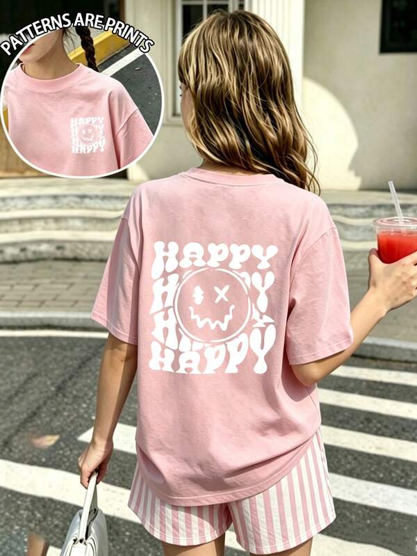 Tween Girls 2pcs Set Fashion Casual Face Letter Front And Back Print Short Sleeve T-Shirt Top With Matching Striped Print Shorts, Soft Set Full Of Summer Energy, Suitable For Outings In Summer