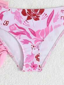 SHEIN 粉色花卉印花 & 粉色薄紗裙 3 件組女孩泳衣套裝，適合夏季海灘度假、假日、游泳、派對、泳池 - 彩色 - 查看 4