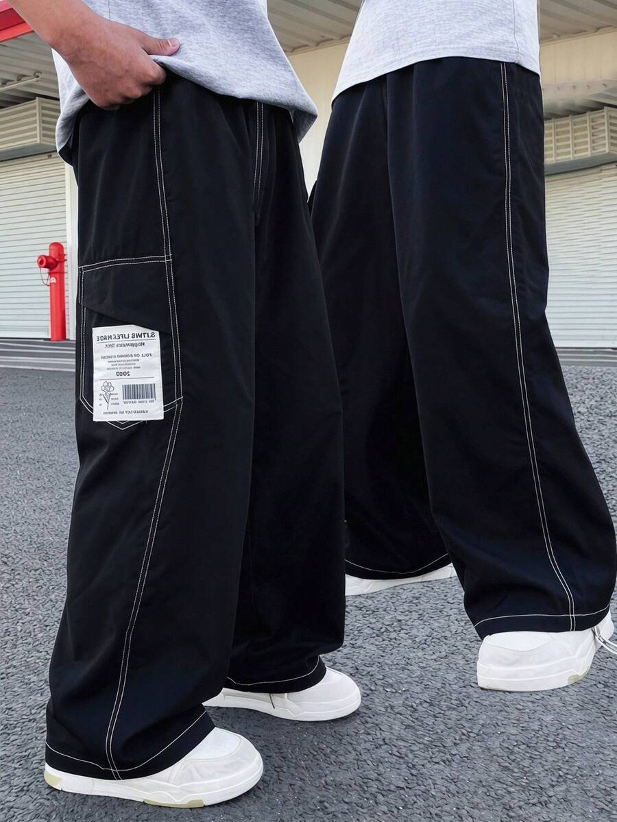 SHEIN 兒童青少年男童休閒日常百搭舒適口袋對比縫線寬鬆直筒工裝梭織長褲,適合春夏秋冬,黑色牛仔褲、工裝褲、寬鬆牛仔褲、男童服飾、寬鬆褲、卡其褲、寬腿褲 - 黑色 - 查看 1