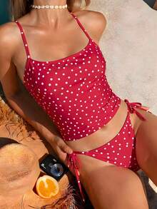 Swim Mod 2pcs Women's Beachwear Set, Fashionable Cute Sexy Vacation Seaside Swimming Pool Party Polka Dot Multicolor Spaghetti Strap Adjustable Tank Top And Side Tie Bikini Bottoms - Multicolor - View 1