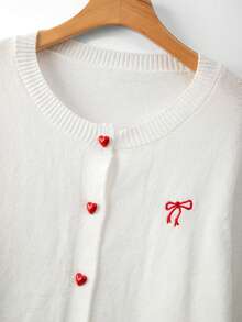 GlowEve CURVE Plus Size Casual Round Neck Contrast Color Heart Button Embroidery Bow Long Sleeve Cardigan - White - View 3
