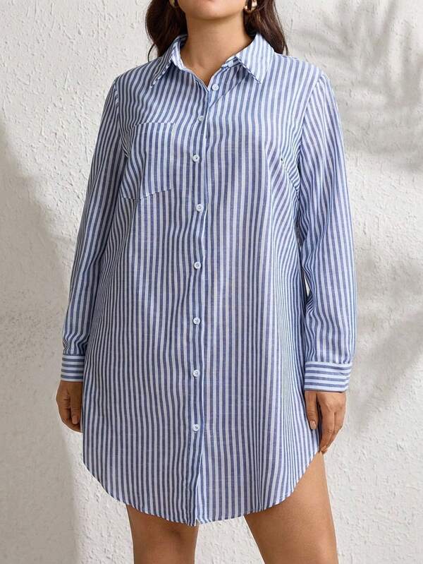 Comfylo Blue And White Striped Shirt Collar Long Sleeve Mini Dress,Summer Casual School Back-To-School Outfits For Women,Plus Size A-Line Office Wear Vestidos
