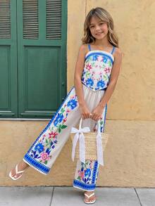 Young Girl Floral Print Camisole + Wide Leg Pants Set, Suitable For Summer Vacation - Blue - View 5