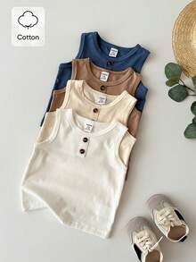 SHEIN Playful Pals 4 peças/Conjunto Colete Regata Branco de Malha Liso para Meninos Bebê, Casual, Combinando com a Família, Botões Decorativos, Pacote Múltiplo de Tricô para 6 Meses a 3 Anos - Multicolorido - Visão 1