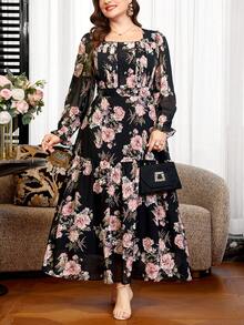 Reflora Vestido elegante de talla grande con cuello cuadrado y cintura definida con estampado floral - Burdeos - Ver 2