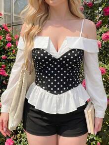 SHEIN MOD Plus-Size Women's Elegant Black And White Polka-Edge Off-Shoulder Top, Simple And Stylish, Suitable For Casual Everyday Wear, Street Style, Office Occasions, Long-Sleeved Top, Elegant New Year's Top, Gothic Style, Outdoor Top, Party Top, Women's Casual Wear, Carnival, Summer Off-Shoulder Top, Strapless Shirt, Sleeved Top, Off-Shoulder Puff Sleeve Shirt, Spring And Autumn Wear. - Black and White - View 8