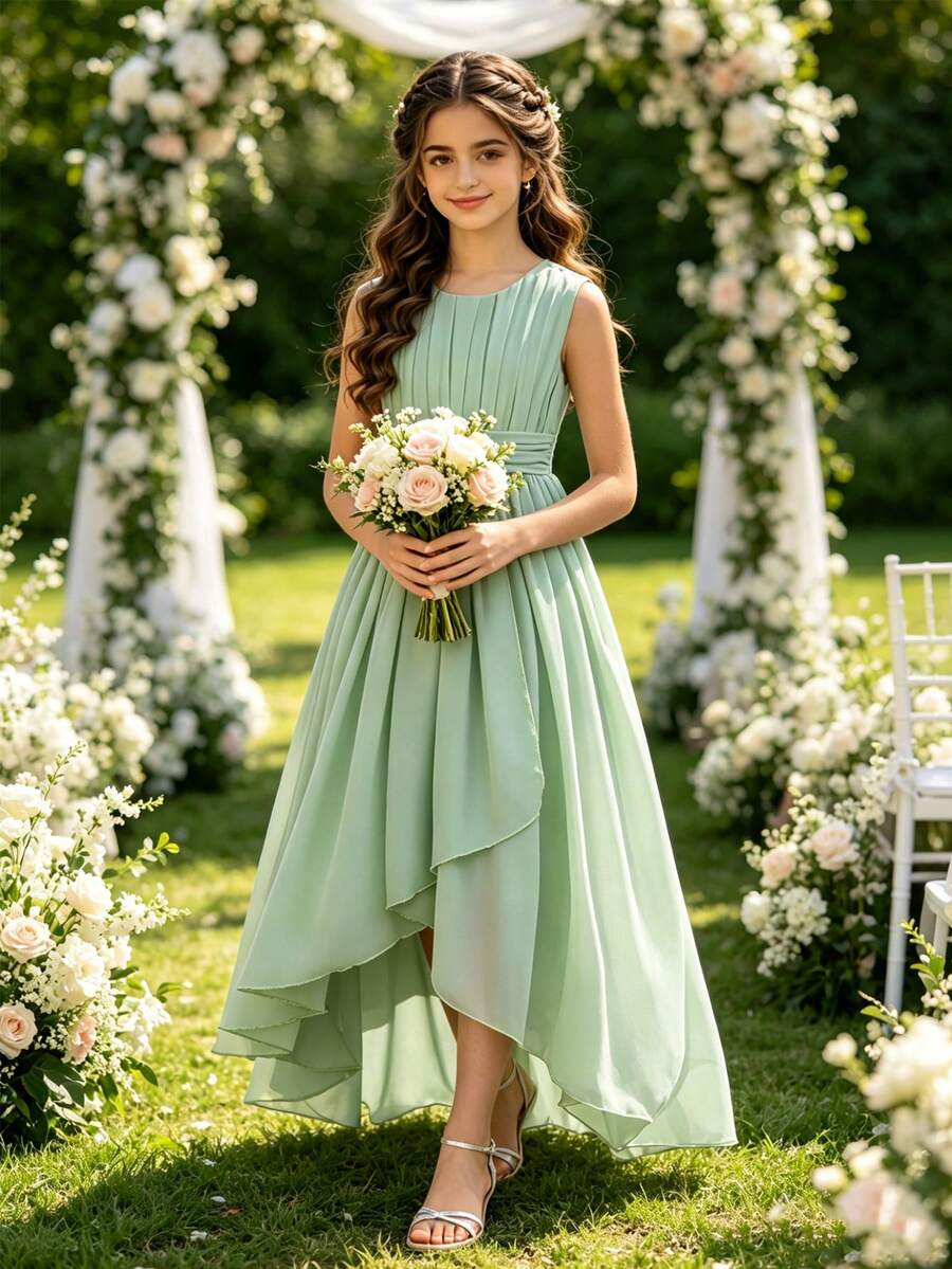 SHEIN 少女高低擺雪紡收腰百褶優雅圓領正式禮服,婚禮花童、生日派對,鼠尾草綠夏季款 - 薄荷綠 - 查看 1