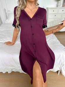 Moonlight&Mama Maternity Pajamas - Short Sleeve Dress (Lace Cuffs) - Purple - View 5