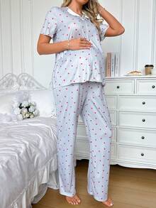 Moonlight&Mama Moonlight Mama Spring/Summer Basic Cute Casual Fashion Heart Print Lapel Bow Decor Short Sleeve Pants Maternity Loungewear Set Lounge Prom Light Blue - Grey - View 3