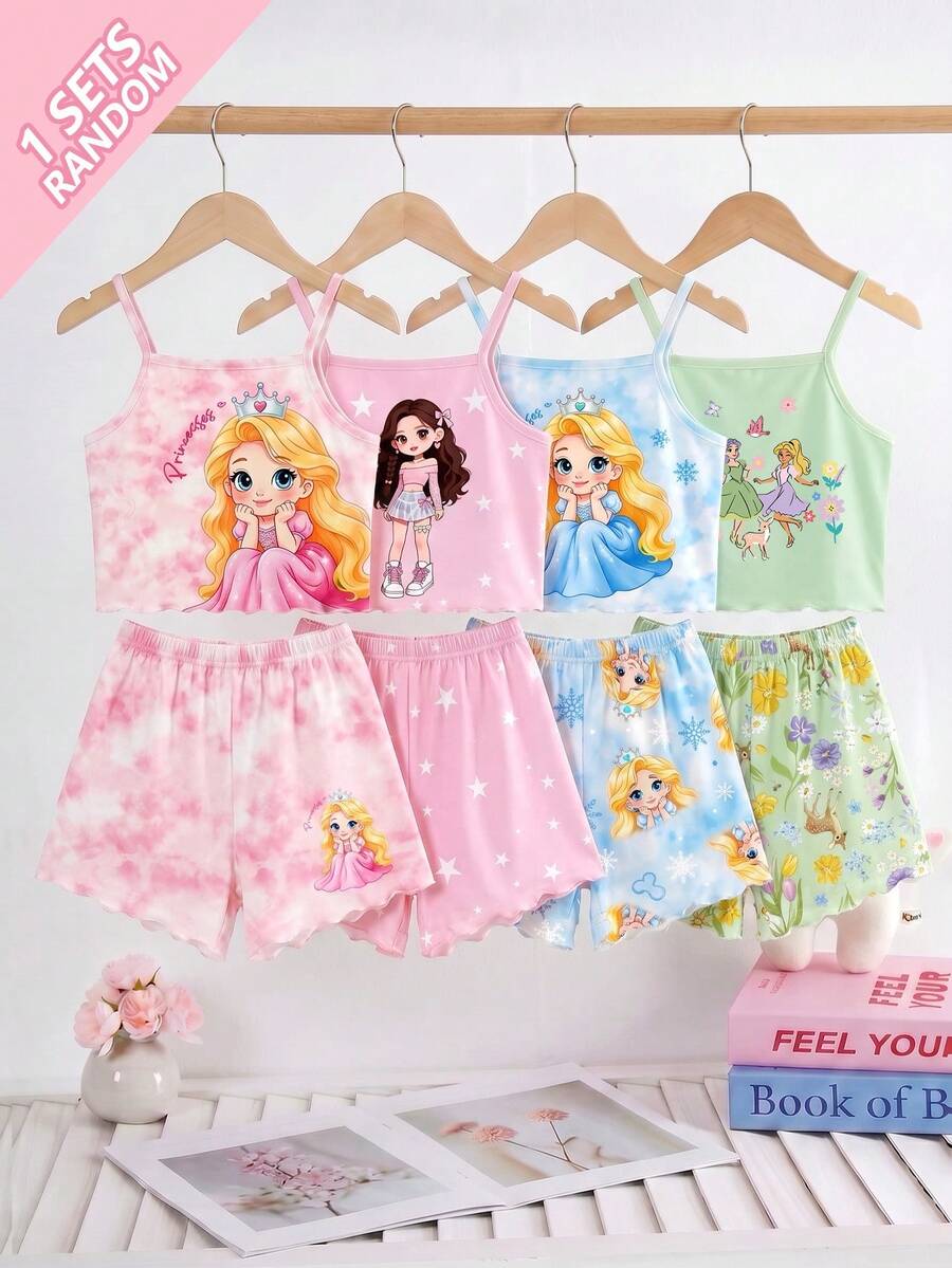 SHEIN [隨機發送1套]女童幼兒細肩帶上衣與短褲睡衣套裝，卡通公主、星星、雪花、鹿印花，針織面料，舒適柔軟寬鬆版型，荷葉邊飾設計，2件式居家睡衣適合戶外穿著 - 彩色 - 查看 1