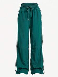 SHEIN Cheerettes Women's Color Block Stripe Drawstring Waist Sports Pants - Green - View 2