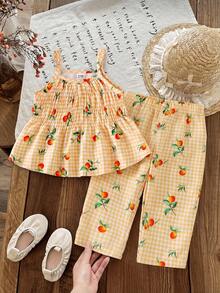 SHEIN Vintaside Kids 女嬰夏季兩件套，黃橘格紋與橘色印花無袖上衣搭配同款長褲，清新田園風，適合海邊度假、公園出遊、日常穿著、舞蹈日穿搭 - 黃色 - 查看 3