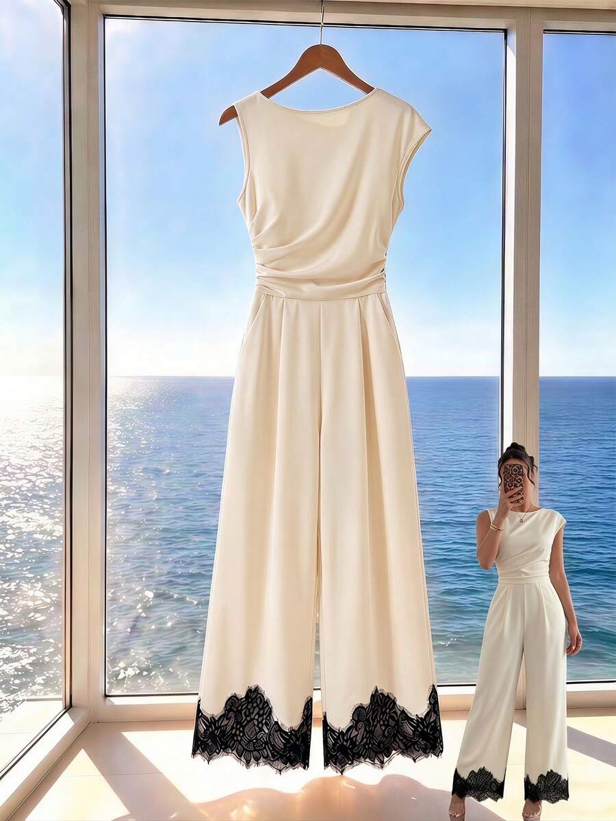 SHEIN Raffinéa 優雅極簡蕾絲飾邊純色飄逸連身褲,夏季新品上市 - 杏色 - View 1