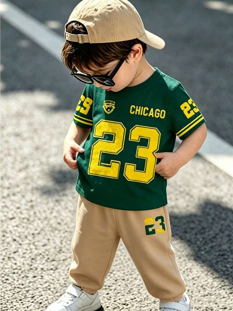 Casual Sports Series Baby Boy Letter & Number Print Colorful Contrast Crew Neck T-Shirt And Matching Versatile Comfortable Jogger Pants, Comfortable Daily Basic Style, Baby Boy Spring Summer Autumn T-Shirt, Baby Boy Yellow T-Shirt, Baby Boy Versatile Pants, Suitable For Summer, Casual, Outdoor Wear - Multicolor - View 1