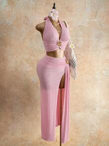 Mistrie Women's Solid Color 3D Metal Flower Decor Halter Neck V-Neck Top And Slit Bodycon Fitted Skirt 2-Piece Set Beach Party Pink Summer Sexy - Baby Pink - View 4