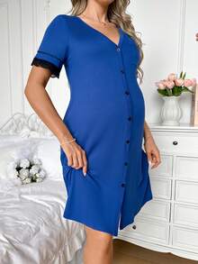 Moonlight&Mama Gaun Tidur Hamil - Gaun Lengan Pendek (Manset Renda) - Biru - View 4