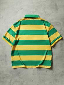 ROMWE MEN Men's World Cup Brazil Team Embroidered Pattern Striped Loose Fit Polo Shirt - Multicolor - View 3