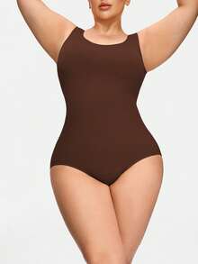 SHAPORA Plus Size Women's Solid Color Casual Tank Top Bodysuit - Coffee Brown - View 5