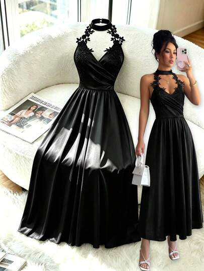 Selianne Váy nữ dáng chữ A cổ yếm thắt eo, phối màu satin viền ren tinh tế thanh lịch lãng mạn cho tiệc mùa hè
