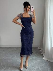 Selianne 春夏女款優雅浪漫網紗刺繡3D花卉抓皺腰中長洋裝，適合婚禮季、派對、約會、購物等多種場合 - 藏蓝色 - 查看 5