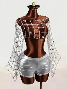 Mistrie Women's Sexy Techno Party Club Rave Top, Women's Rhinestone Party Top Silver Summer - Silver - View 6