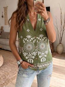 SHEIN LUNE Island Style Easy V-Neck Open Front Placement Print Vintage Tropical Boho Casual Vacation Vest Commuter Premium Women's Tank Top Green Floral Summer - Multicolor - View 1