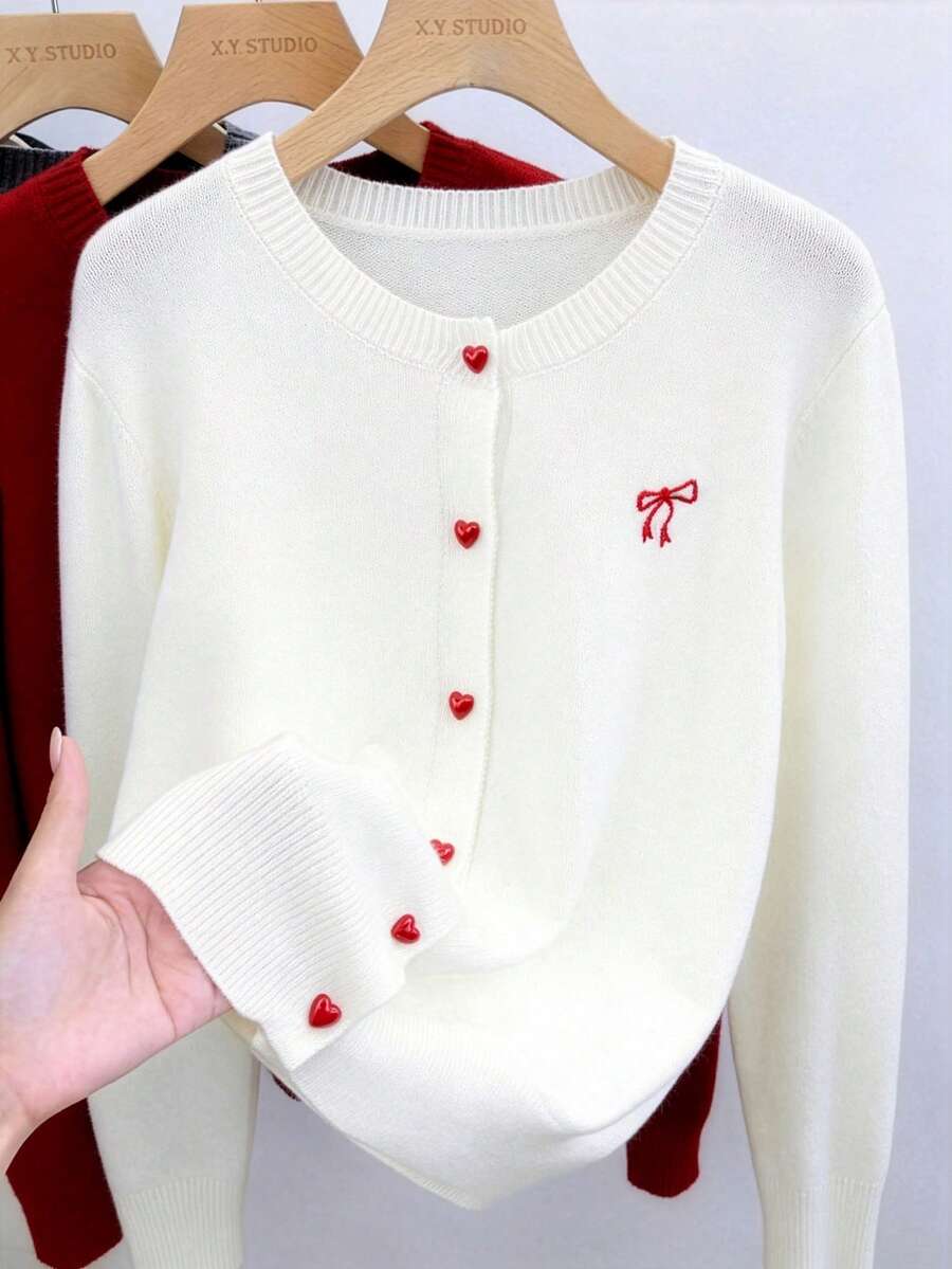 GlowEve CURVE Plus Size Casual Round Neck Contrast Color Heart Button Embroidery Bow Long Sleeve Cardigan - White - View 1
