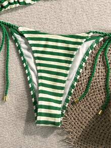 Swim Mod 夏季海灘女款兩件式比基尼泳衣套裝 特殊紋理編織繩掛脖三角上衣搭配側綁帶喇叭褲 - 綠色 - 查看 4