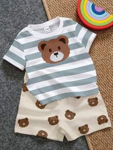 Baby Boy Casual Simple T-Shirt Set Suitable For Summer, Classic Striped Cartoon Pixel Bear Pattern Print. - Multicolor - View 4