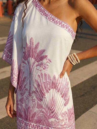 CAJUNI Women's One Shoulder Batwing Sleeve Tropical Landscape Print Dress