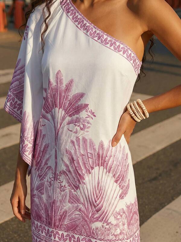 CAJUNI Women's One Shoulder Batwing Sleeve Tropical Landscape Print Dress