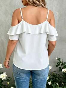 Linhara CURVE Plus Size Black Cold Shoulder Ruffle Top - Sexy Spaghetti Strap V-Neck Ruffle Trim Short Blouse, Designed For Curvy Women - White - View 2