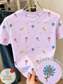 SHEIN 女童春夏休閒舒適時尚簡約創意個性清新可愛雛菊花卉圖案印花休閒風春夏短袖T恤滿版印花日常穿著適合春夏氛圍外出上衣 - 彩色 - 查看 2