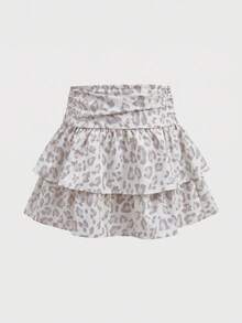 SHEIN Girlism Tween Girl Casual Street Style Vintage Leopard Print Ruched Double Layered Ruffled Hem Cute Mini Casual Skirt, - Multicolor - View 6