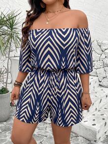 Breezaya Plus Size Off-The-Shoulder Color-Blocked Romper With Elastic Waist,Spring Summer Fall Winte Vacation Work Outfits For Beach Fashion Country Stripe Sea - Blue - View 8