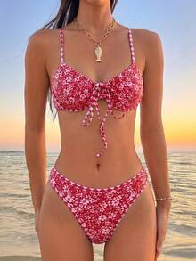 Swim Mod 女款復古甜美紅色花卉比基尼2件組，鋼圈支撐泳衣套裝，菱形肩帶與飾邊，夏季熱帶海灘度假泳衣 - 彩色 - 查看 3