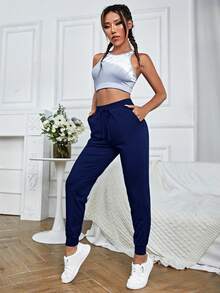 SHEIN Cheerettes Pantalones deportivos de cintura con cordón con bolsillo oblicuo - Azul Marino - Ver 4