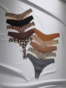 EmpressEnvy 10 piezas Ropa interior con estampado de leopardo transpirable, cómoda y sin costuras, de tiro bajo, para dama - Multicolor - Ver 2