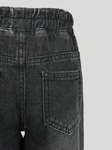 SHEIN 女童牛仔長褲，四季皆宜，簡約休閒風，黑色水洗牛仔，寬鬆大腿版型搭配鬆緊腰設計，舒適且穿脫方便，適合學校、戶外玩耍、暑假、家庭活動、派對與聚會 - 黑色 - 查看 9