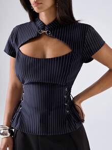 LYSMO Women's Striped Cut-Out Bust Design Lace-Up Casual Versatile Daily Outing Short Sleeve Blazer Top - Navy Blue - View 6