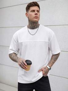 Manfinity Homme 男士夏季紋理素色寬鬆休閒T恤，度假風 - 白色 - 查看 5