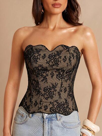 Silquee Women's Floral Lace Fashion Fitted Bandeau Top Vacation Outfits Women   Summer Tops  Festa Junina Women's Clothing Going Out Festival Outfits