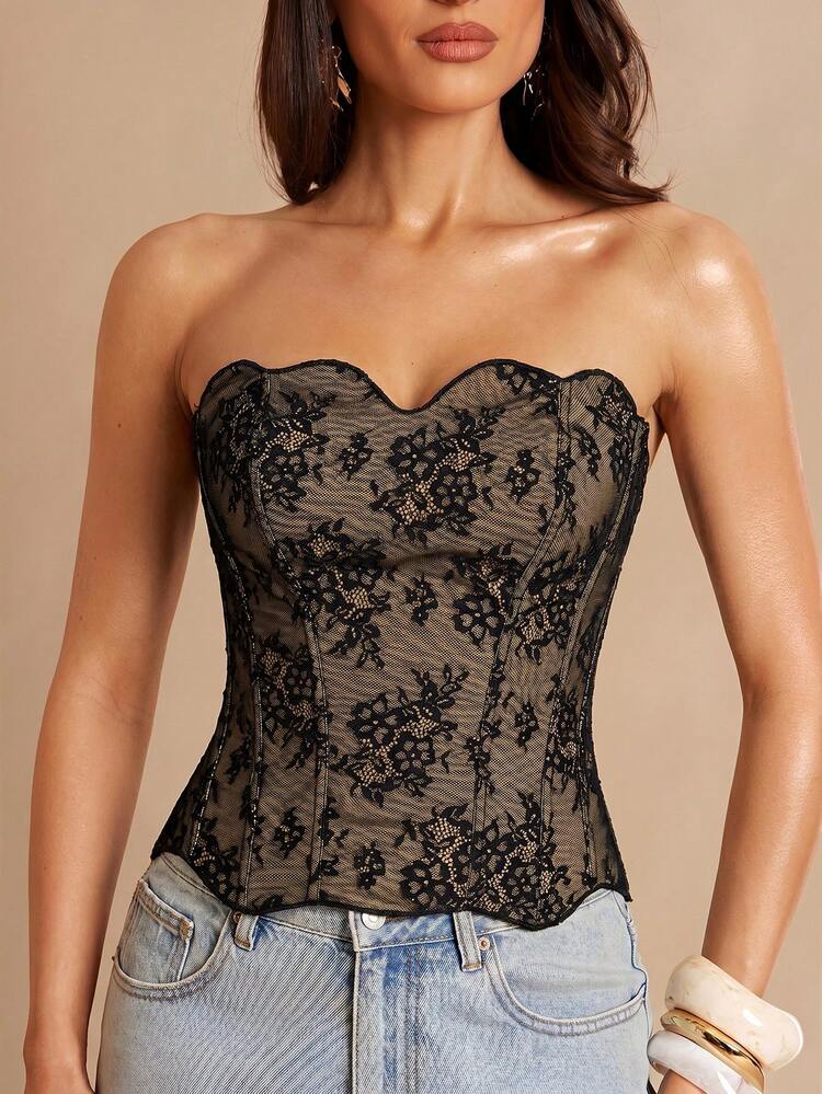 Silquee Women's Floral Lace Fashion Fitted Bandeau Top Vacation Outfits Women   Summer Tops  Festa Junina Women's Clothing Going Out Festival Outfits - Black - View 1