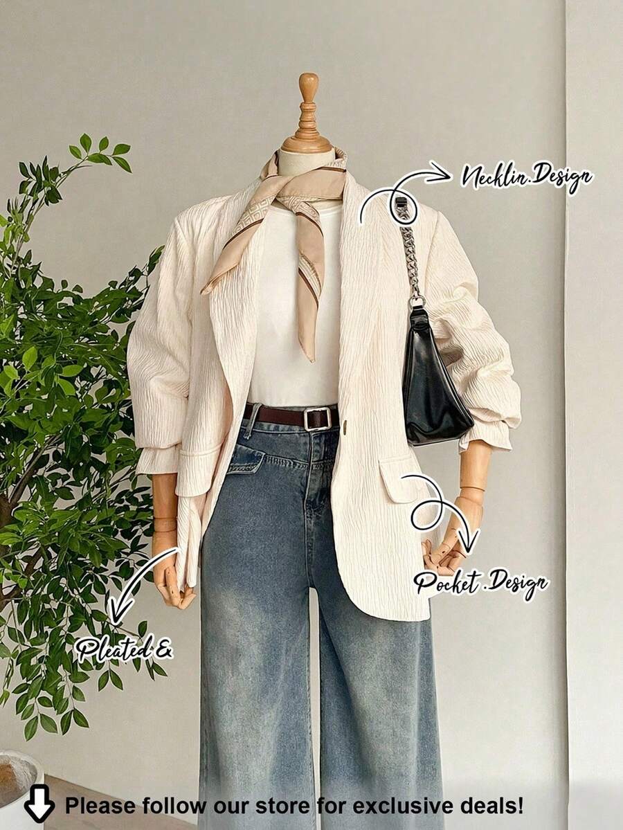 SHEIN LUNE 秋冬季女士大码单排扣西装外套,适合通勤穿着,秋季休闲通勤西装外套,百搭单品,杏色西装外套,女士休闲及腰长袖翻领薄款西装外套,杏色,秋冬季复古风,简约时尚,新年感恩节女士质感面料 - 米色 - 查看 1