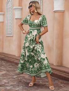 Flora Isola Flora Isola Women's Spring/Summer Elegant Boho Fashion Commute Casual Comfortable Charming Vintage Romantic Holiday Vacation Beach Vacation Dress White Floral - Green - View 7