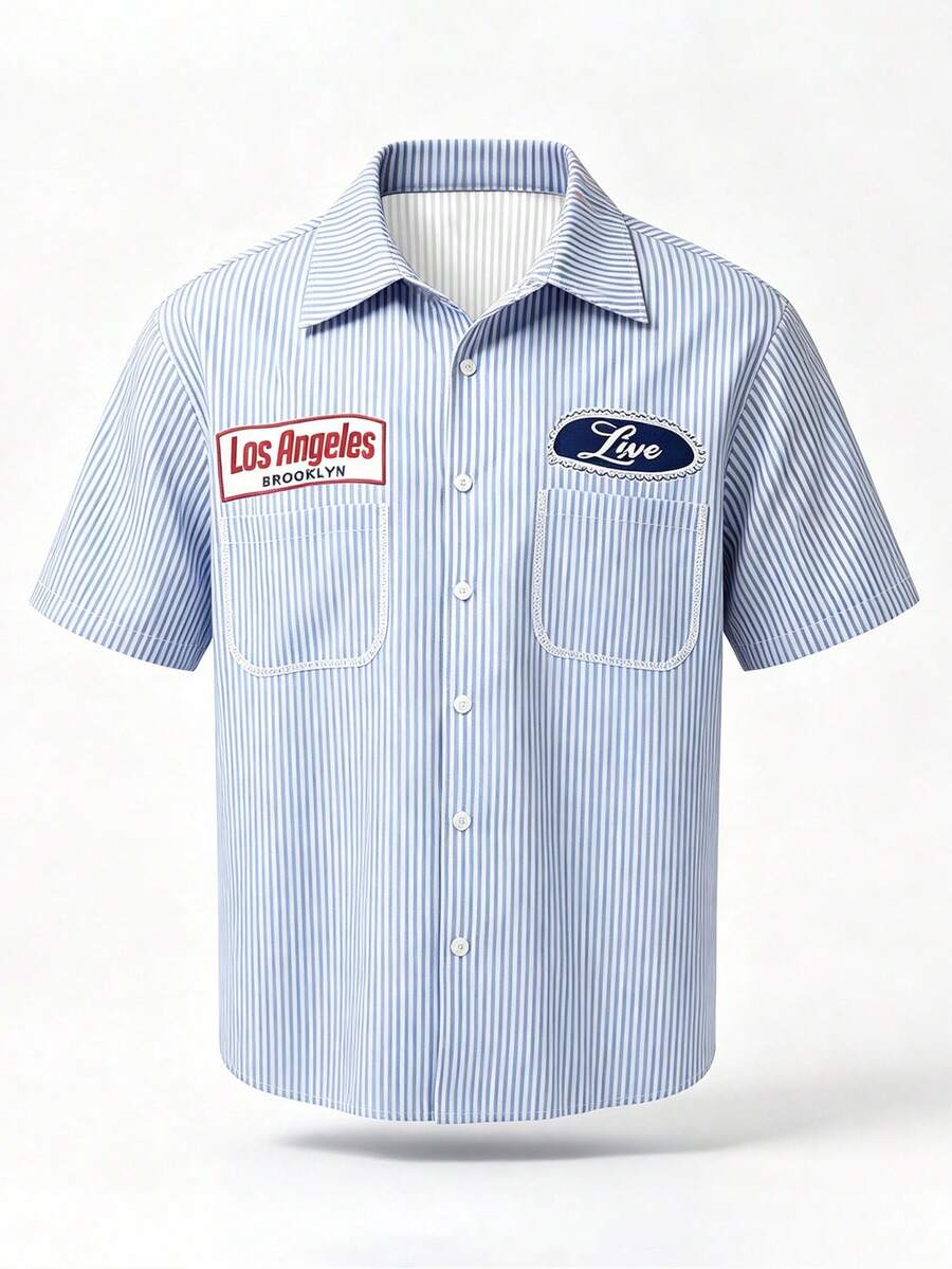 Manfinity Hypemode Camisa casual versátil de uso diário com estampa de listras e letras, de abotoamento simples, para homens - Azul bebê - Visão 1